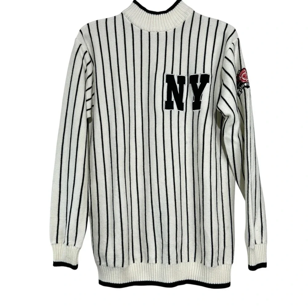 NOIZ Vintage White Acrylic NY‎ Pin Stripe Mock Neck Pullover Sweater Large